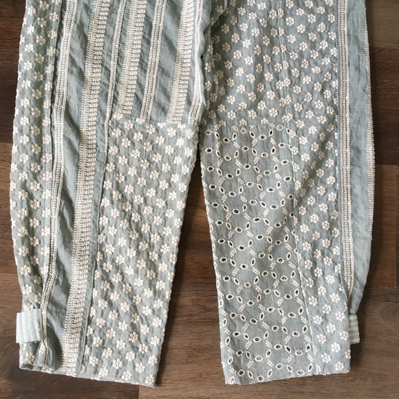 NWOT Zara Embroidered Pants Eyelet Patchwork Blue Seafoam Floral Gauze HiRise XS - Picture 8 of 13